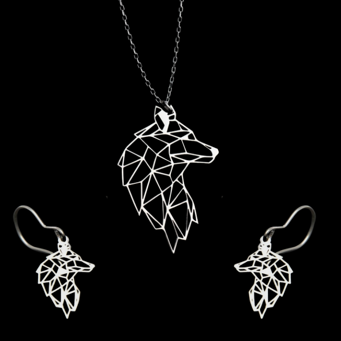 Luxury 92.5 Sterling Silver Wolf Pendant & Earrings Set by CHOKHA INDIA 