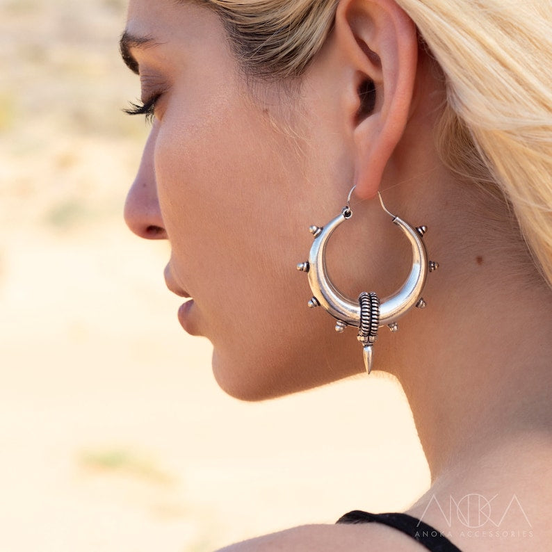 Spike hoops earrings, tribal hoop earrings, tribal jewelry, ethnic hoops,earrings gypsy.