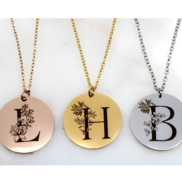 Three pendants which are in three different finish as followed order - Rose Gold,  Gold , Silver. These pendants are special because they have Initials and Birthflower engraved on it 