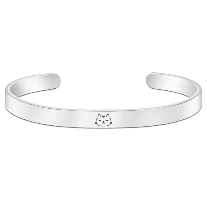 sterling silver, platinum plated cat face engraved bracelet by chokha india